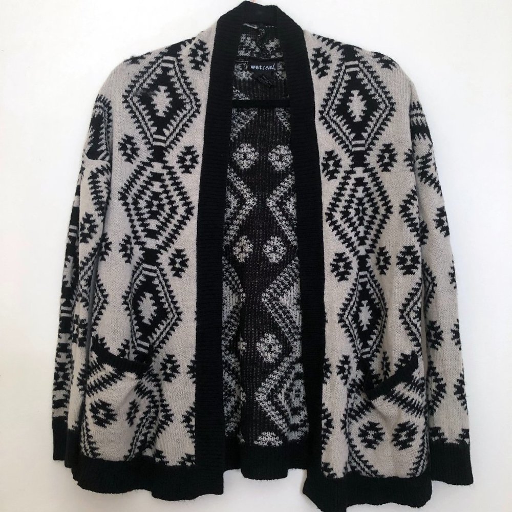 Wet Seal Tan Black Aztec Open Front Cardigan | Size S - Picture 2 of 7
